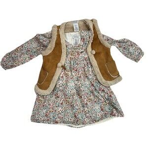 Haute Hippie Dress And Faux Fur Suede Vest Size 5T Ditsy Micro Floral Pink